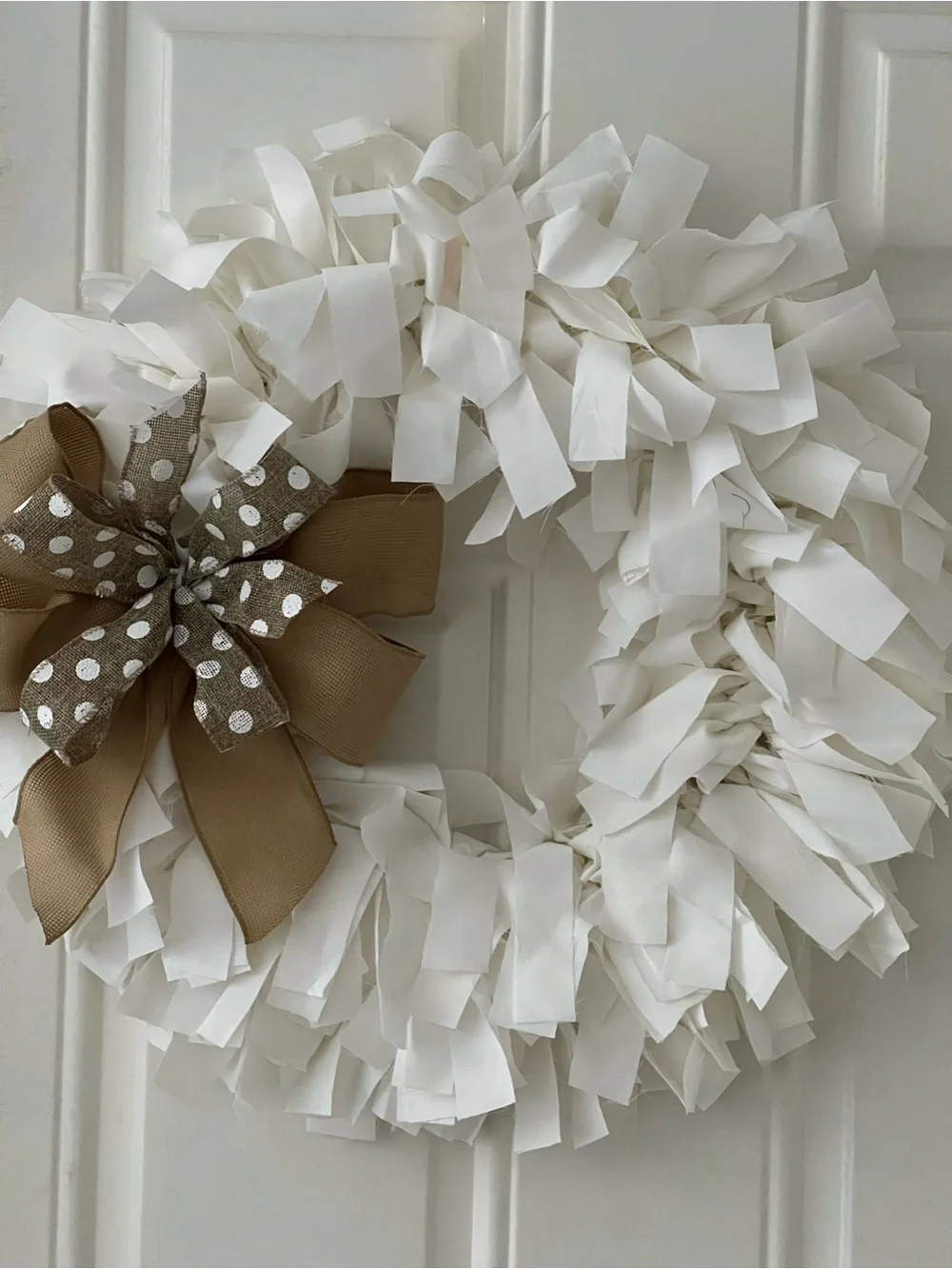 Neutral White Fabric Holiday Wreath with Tan Polka Dot Bow
